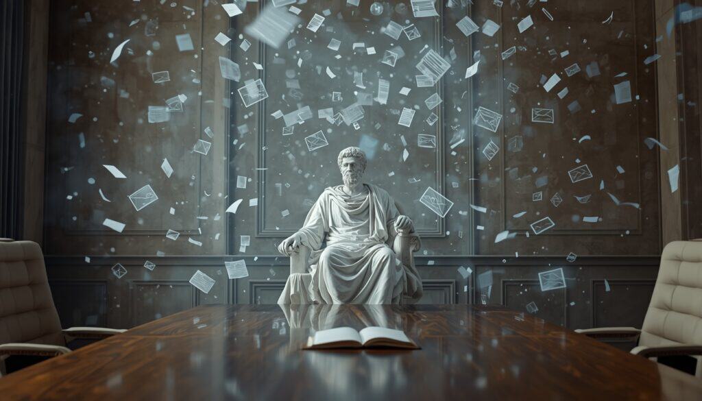 lucid origin A dramatic editorial scene blending classical philosophy with modern Artificial